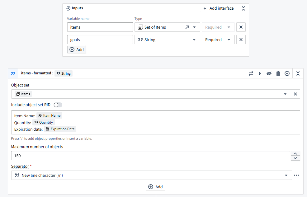 First example of AIP Logic transform chain, starting with inputs and formatted strings