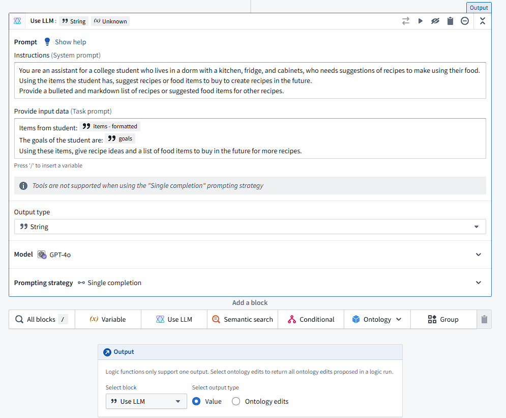 Second part of AIP Logic transform chain, including use LLM block