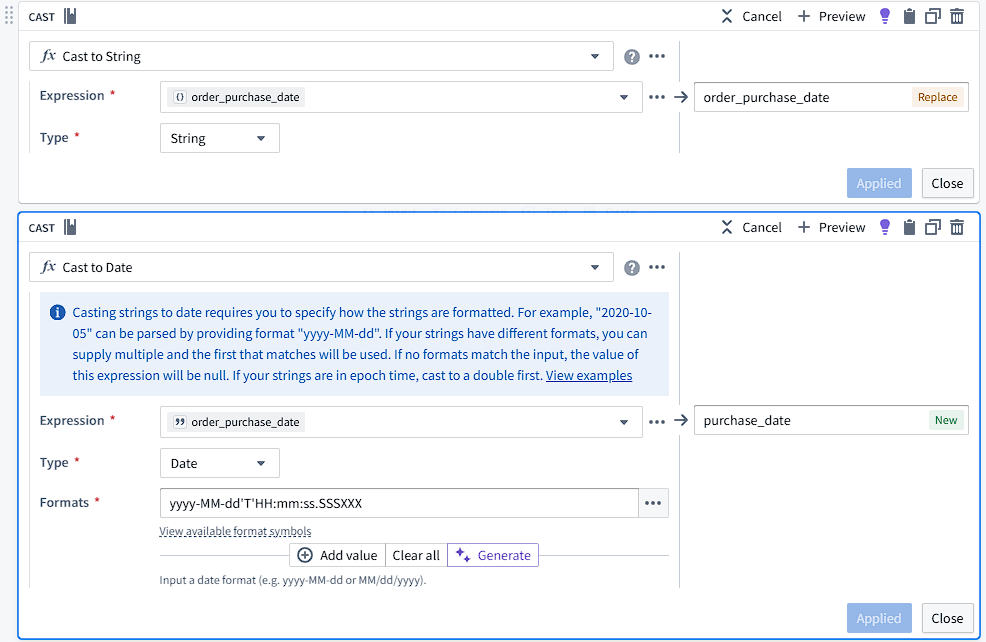 Image of two transforms that work together to transform a JSON object into purchase timestamp