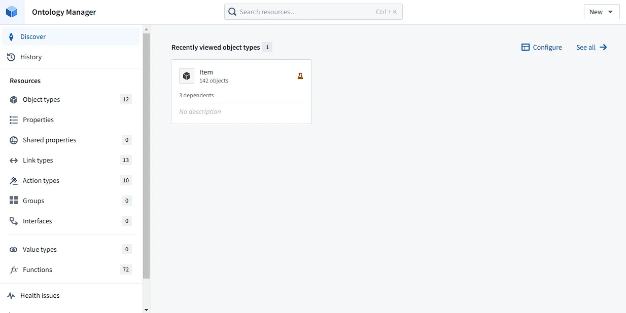 Interface of the Ontology Manager, which contains several resources to manage objects with and one object type, "Item"