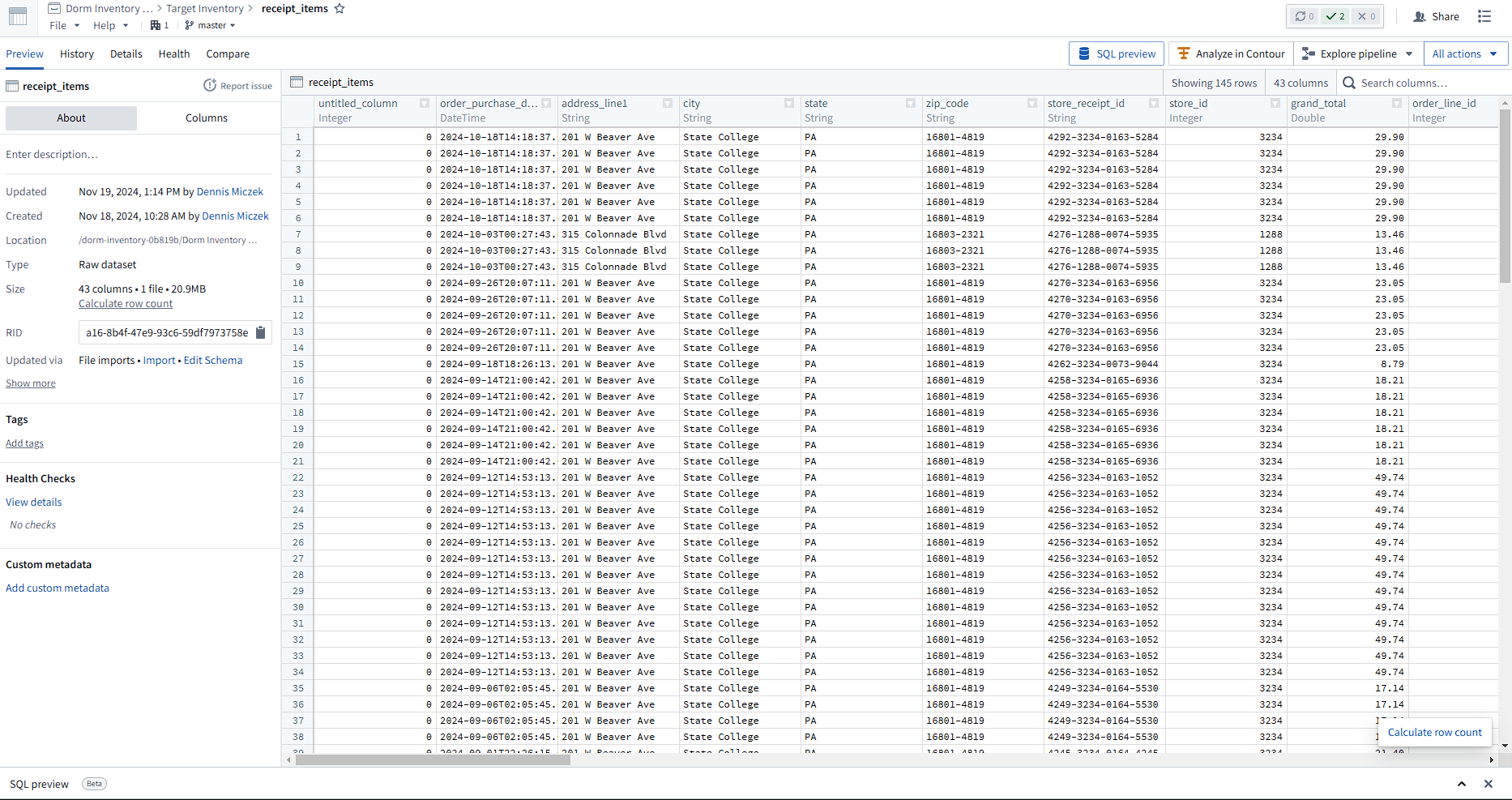 SQL preview of the raw dataset from Target