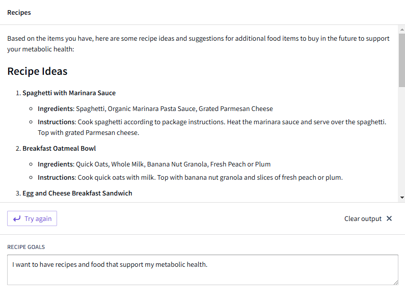 Example of AIP Logic in use, generating recipes using food in inventory