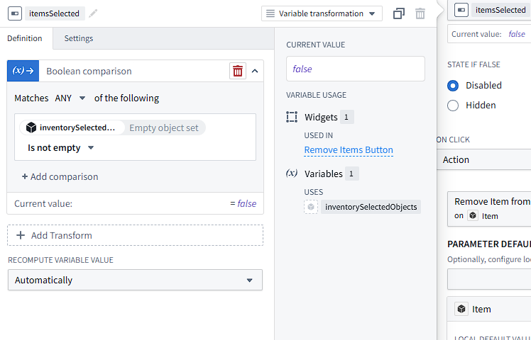 Editor for the itemsSelected variable, which controls button visibility