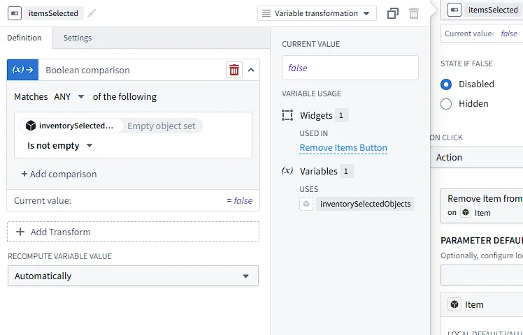 Editor for the itemsSelected variable, which controls button visibility