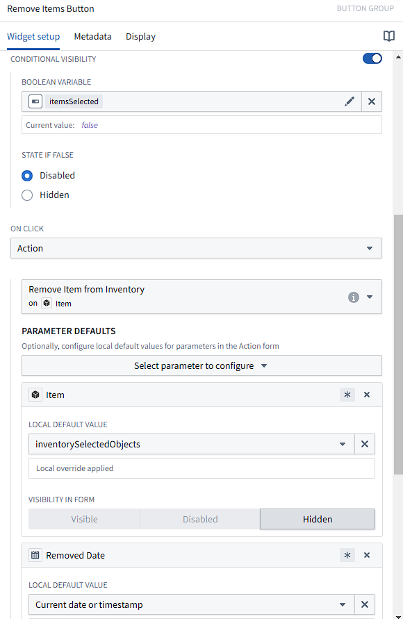 Configuration for the Remove Items button widget
