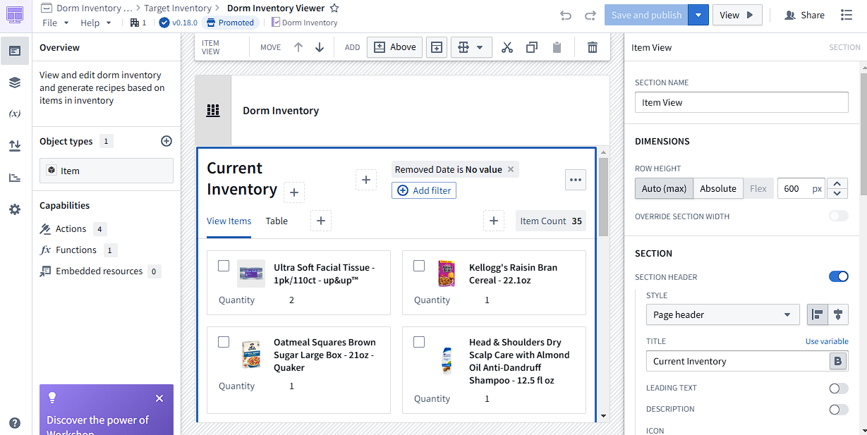 View of the Workshop app and the inventory manager I made for Target items