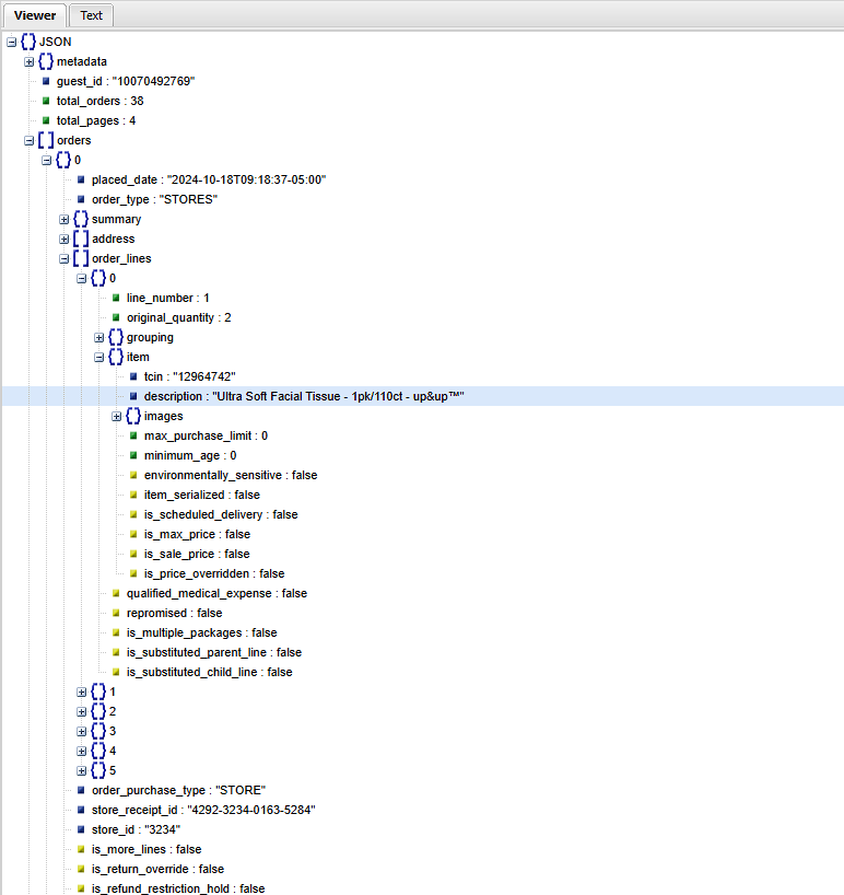 Expanded JSON tree of returned json from the order_history endpoint