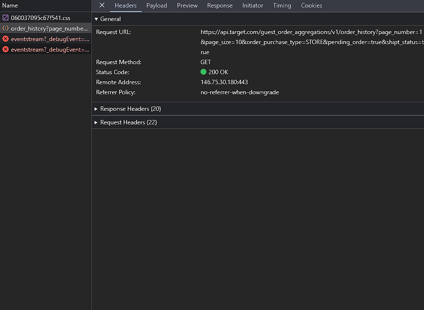 Chrome developer tools view of the order_history API request and its request parameters.