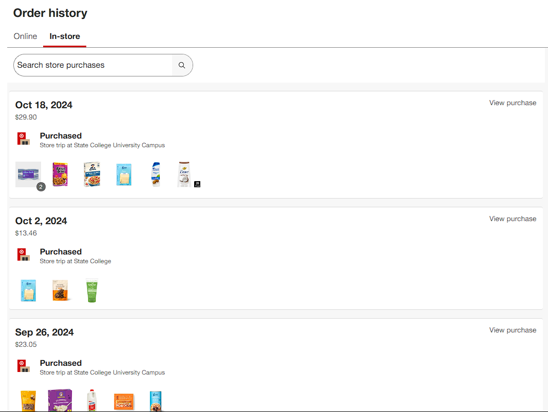 Target purchase history page, with a list of items purchased under each date.