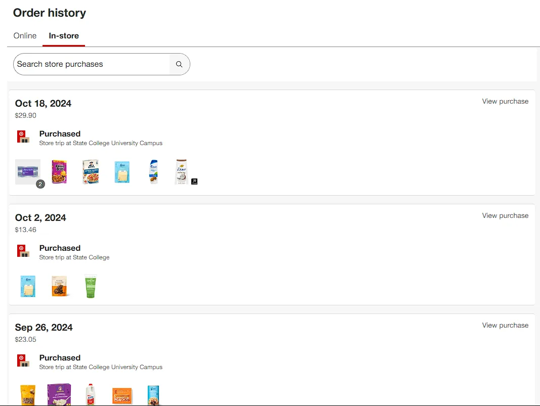 Target purchase history page, with a list of items purchased under each date.