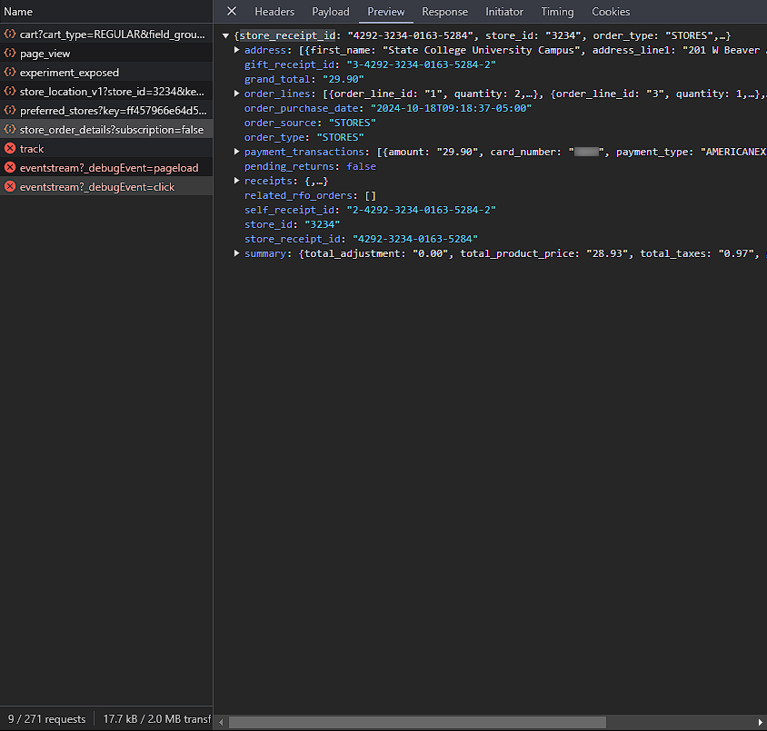 Chrome developer tools view of the store_order_details API endpoint and returned JSON