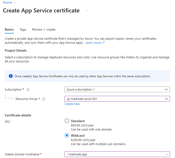 Image of Azure offering a Wildcard SSL Certificate for $300/year.